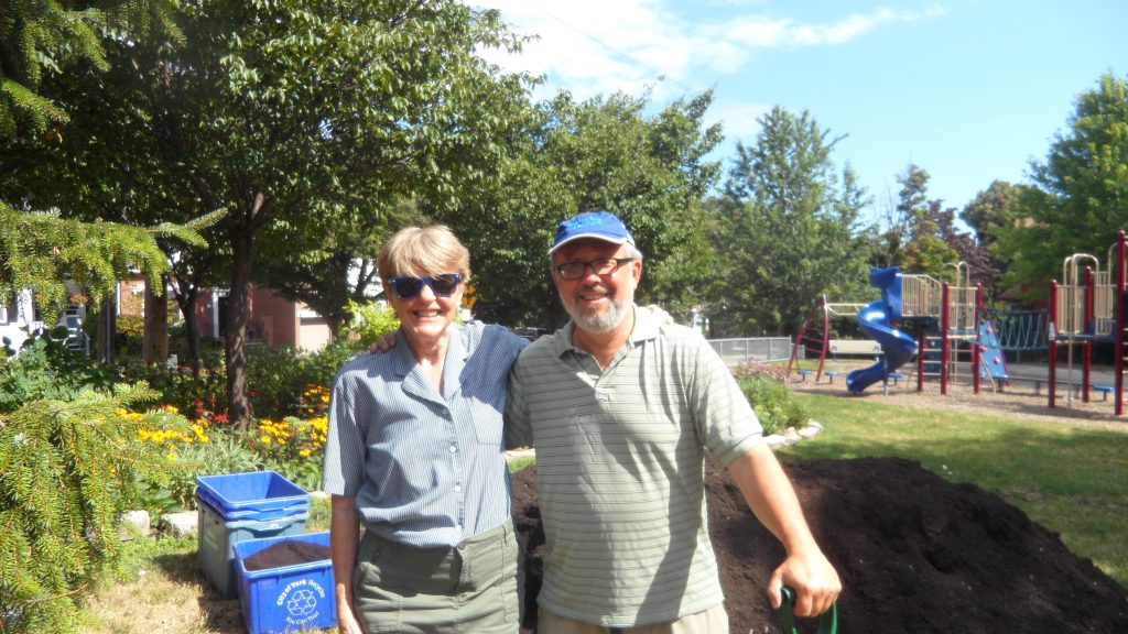 Lynn Nicholas, volunteer with the Ben Nobleman Park Community Orchard, with City Councillor Joe Mihevc.