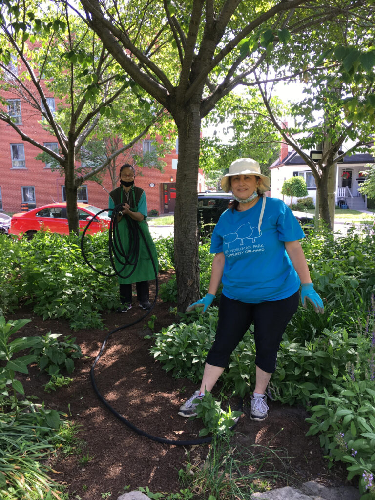 Two women holding hoses in the farmscaping garden.