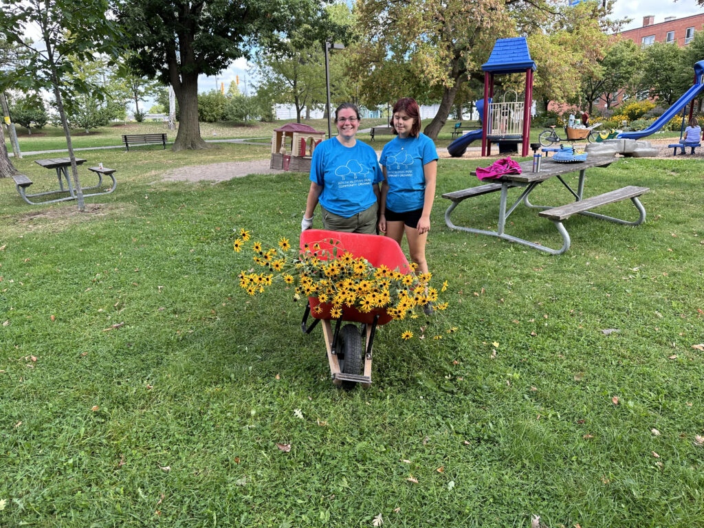 Mother and daughter pose with wheelbarrow full of Black Eyed Susan flowers in Ben Nobleman Park Community Orchard
