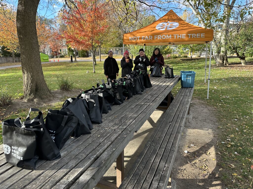 Wide shot of Women standing near an outdoor harvest table with bags of apples on it. 