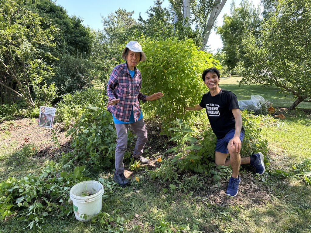 Woman and man pose in front of pollinator garden with ninebark shrub in background.